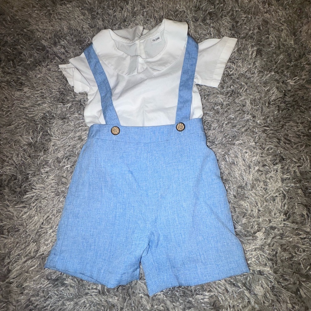 Boutique Classic Light Blue Suspender Shorts and top